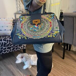 Shariff blue leather  tapestry bag withh blue denium side panels